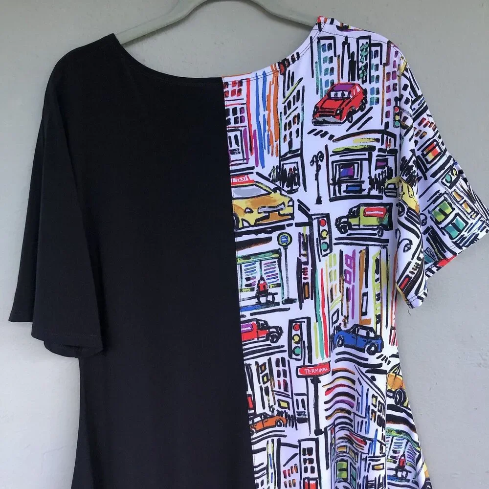 Joseph Ribkoff Dress Size 14/XL Black City Print Jersey Stretch Artsy Whimsical